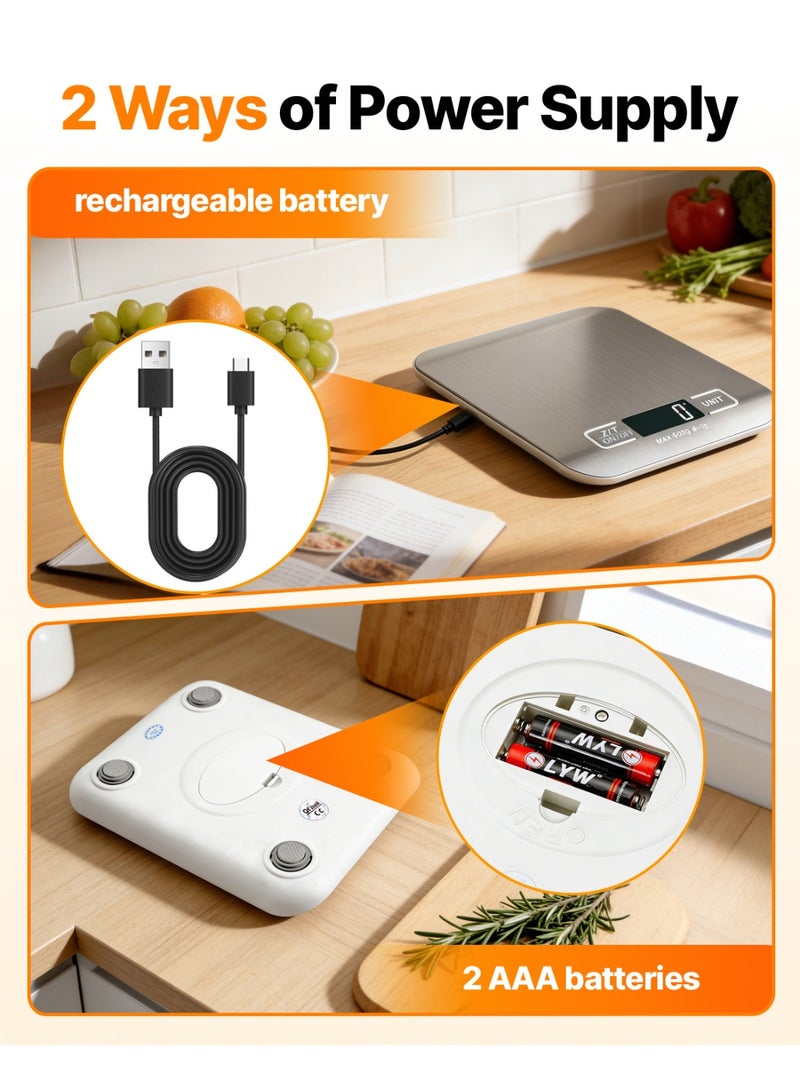 BASILKIT 5kg Precision Digital Kitchen Scale Rechargeable with USB Type-C Charging & LCD Display, Stainless Steel Food Scale in Silver for Cooking Baking with g/oz/lb/ml Units - Image 2