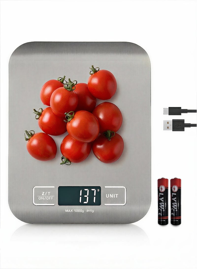 BASILKIT 5kg Precision Digital Kitchen Scale Rechargeable with USB Type-C Charging & LCD Display, Stainless Steel Food Scale in Silver for Cooking Baking with g/oz/lb/ml Units - Image 1