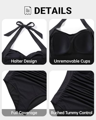 Tempt Me Women Black Tummy Control One Piece Swimsuits Push Up Slimming Bathing Suits Halter Vintage Swimwear M - Image 3