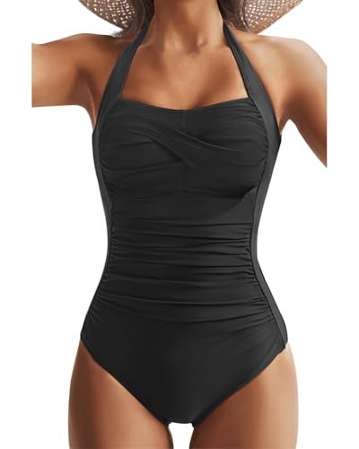 Tempt Me Women Black Tummy Control One Piece Swimsuits Push Up Slimming Bathing Suits Halter Vintage Swimwear M - Image 1