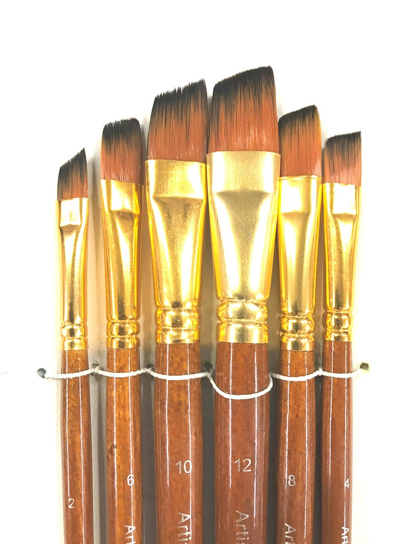 Chrome Small Handle Synthetic Angular Tip Artist Paint Brushes 6 Piece Set (Brown) - Image 2