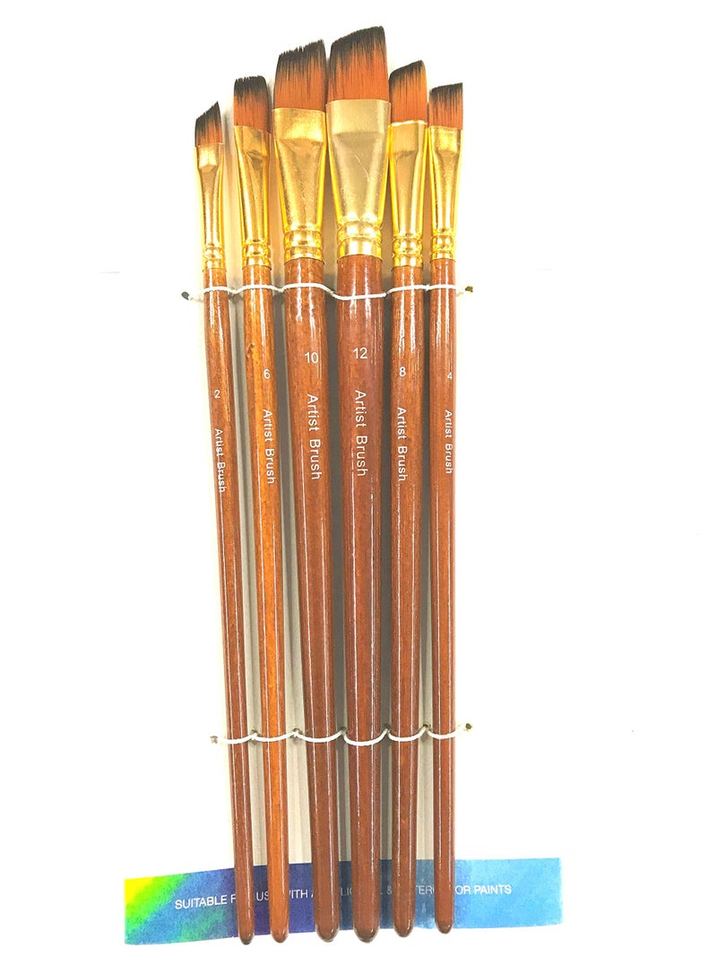 Chrome Small Handle Synthetic Angular Tip Artist Paint Brushes 6 Piece Set (Brown) - Image 1