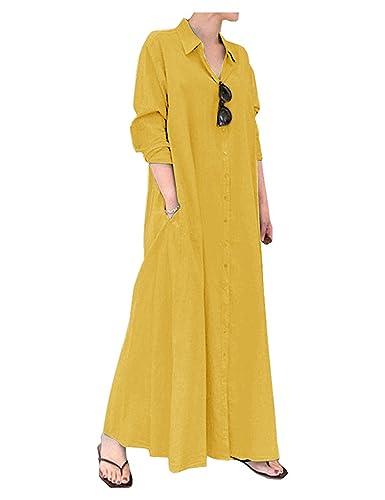Ladyful Women's Button Down Cotton Linen Shirt Dress Long Sleeve Maxi Shirtdress Beach Summer Dress Pockets Yellow - Image 1