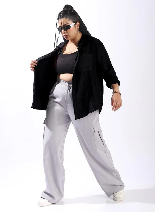 Women's Black 100% Polyester Solid Pattern Plus Size Button Down Boxy Shirt