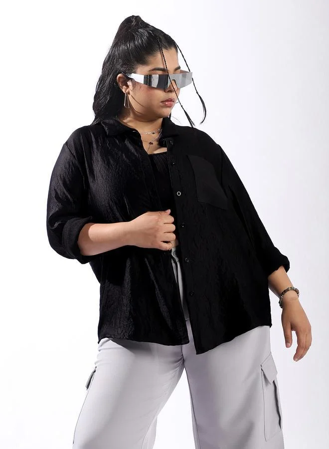 HIGH STAR Women's Black 100% Polyester Solid Pattern Plus Size Button Down Boxy Shirt