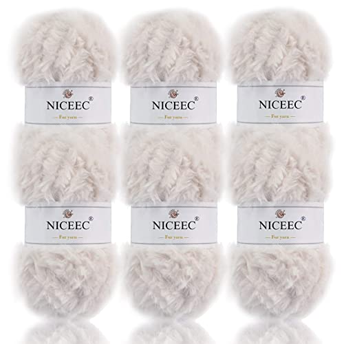NICEEC Faux Fur Yarn Super Soft Chunky  Fluffy Eyelash Yarn for Crochet  KnittingTotal Length 210yds106oz  Cream White300g