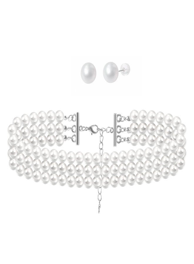 Xyulaan Women's Wedding Boho Vintage Pearl Choker Necklace Set with Earrings, Layered Imitation Pearl Necklaces, Bridal Elegant Multi-layer Pearl Costume Jewelry - Image 1