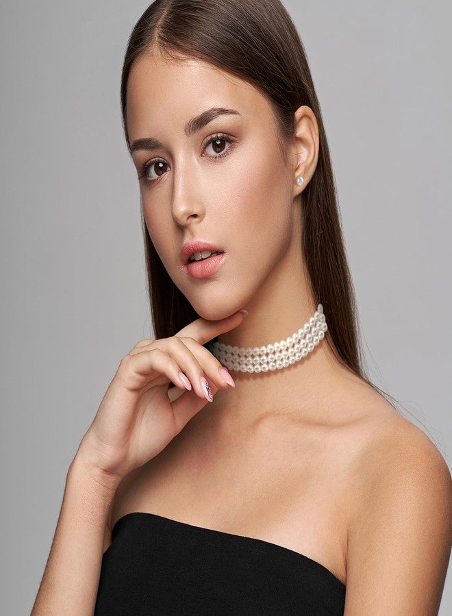 Xyulaan Women's Wedding Boho Vintage Pearl Choker Necklace Set with Earrings, Layered Imitation Pearl Necklaces, Bridal Elegant Multi-layer Pearl Costume Jewelry - Image 4