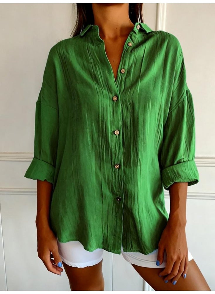 Women's Loose Fit Pleated Lapel Shirt, Classic Long Sleeve Single-Breasted Button Down Shirt for Office & Daily Wear ﻿ - Image 3