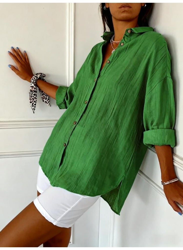Women's Loose Fit Pleated Lapel Shirt, Classic Long Sleeve Single-Breasted Button Down Shirt for Office & Daily Wear ﻿ - Image 4