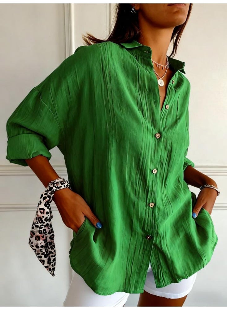 Women's Loose Fit Pleated Lapel Shirt, Classic Long Sleeve Single-Breasted Button Down Shirt for Office & Daily Wear ﻿ - Image 1