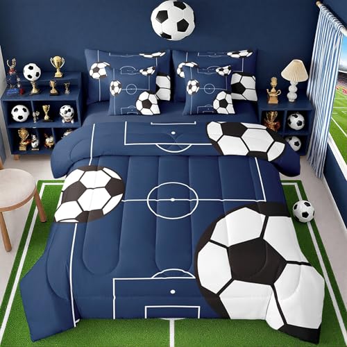 Feelyou Football Bedding Set Full Size 7 Pieces Kids Soccer Ball Pattern for Boys Girls Teens Sports Theme Football Court Bed in a Bag with Comforter Sheets Pillowcases Cushion Cover - Image 1