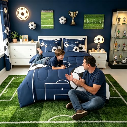 Feelyou Football Bedding Set Full Size 7 Pieces Kids Soccer Ball Pattern for Boys Girls Teens Sports Theme Football Court Bed in a Bag with Comforter Sheets Pillowcases Cushion Cover - Image 3