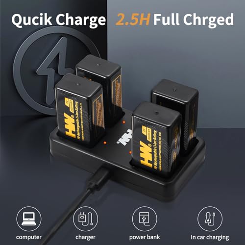 HW 9V Batteries，[4-Pack] 3600mWh Rechargeable 9 Volt Battery with Charger Square Li-ion Betaria for Smoke Detectors/Alarms/Medical Devices/Guitar Pedals/Toys - Image 3