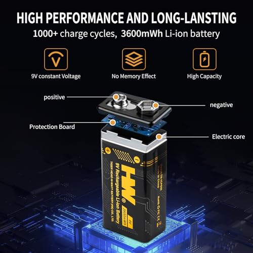 HW 9V Batteries，[4-Pack] 3600mWh Rechargeable 9 Volt Battery with Charger Square Li-ion Betaria for Smoke Detectors/Alarms/Medical Devices/Guitar Pedals/Toys - Image 2