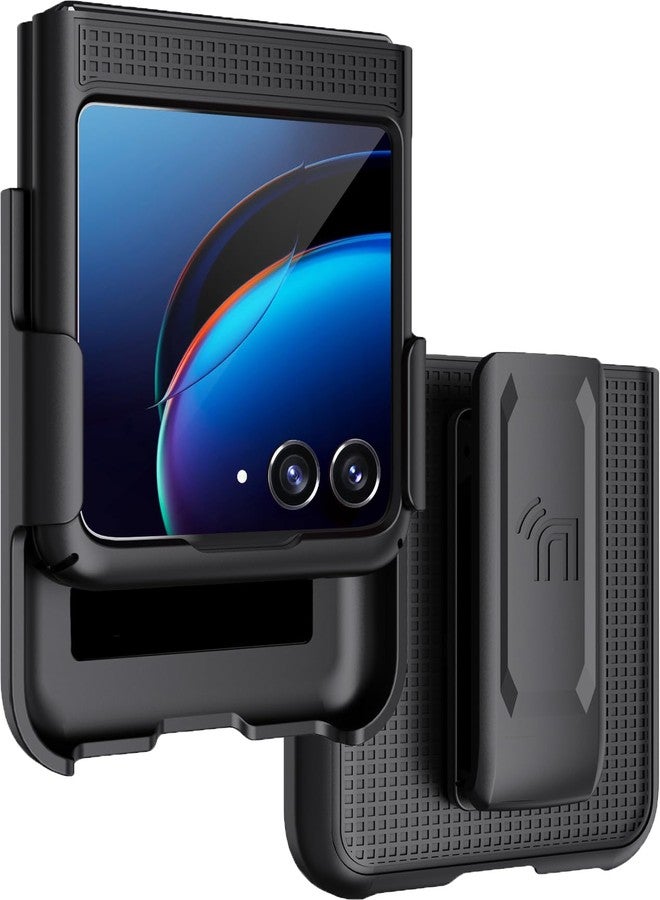 نيكيد سيل فون جراب مع مشبك لهاتف موتورولا RAZR+ 2023، غطاء صلب رفيع من Nakedcellphone بنمط شبكي، وحامل حزام خصر دوار/بآلية تثبيت لهاتف Moto RAZR Plus '23 (RAZR 40 Ultra) - أسود - Image 1