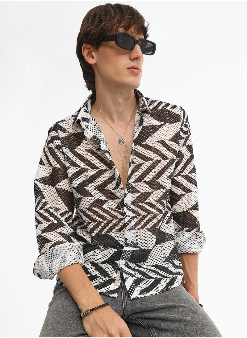 كامبوس سوترا Men's Taupe Brown & Cream White Chevron-Knit Shirt