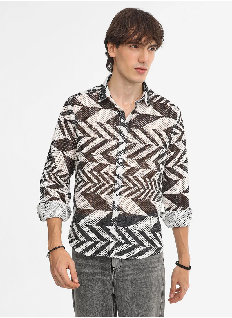 كامبوس سوترا Men's Taupe Brown & Cream White Chevron-Knit Shirt