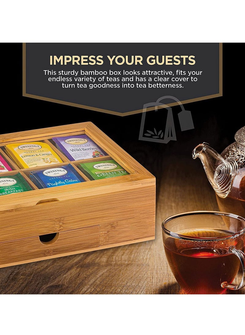 XiuWoo Bamboo Tea Box Storage Organizer with Drawer and Clear Acrylic Window Magnet Lid Large Tea Organizer Box for Tea Bags and Loose Tea  - Image 4