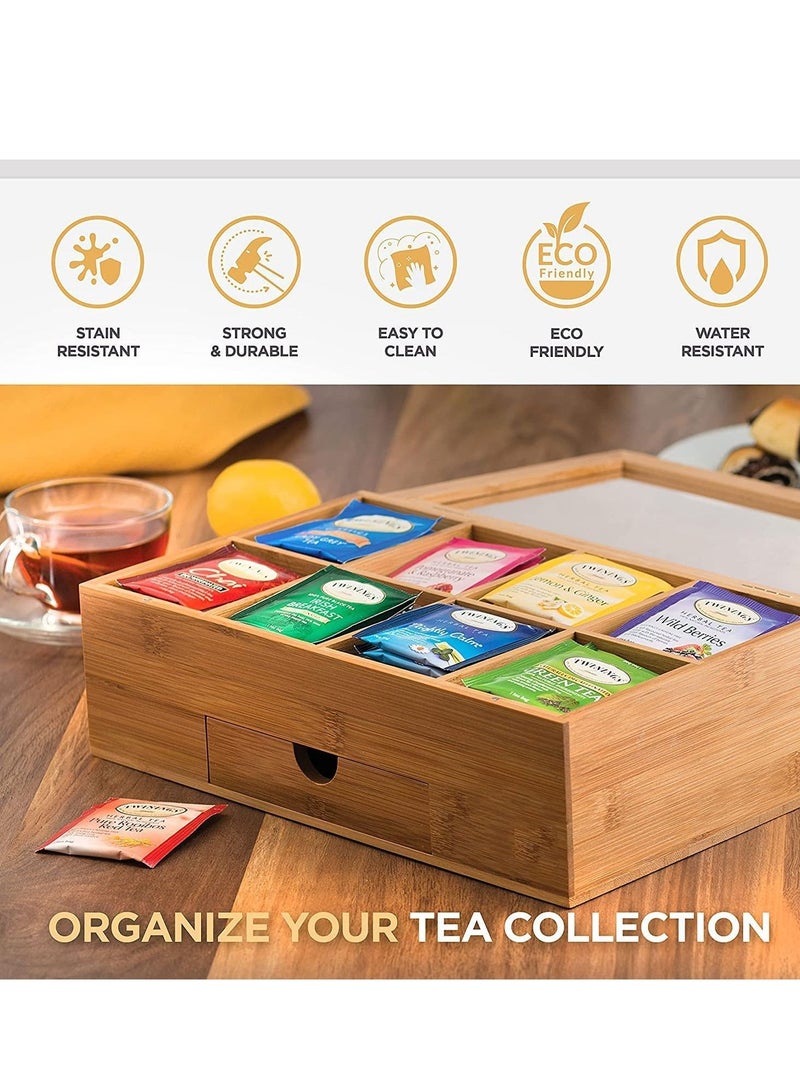 XiuWoo Bamboo Tea Box Storage Organizer with Drawer and Clear Acrylic Window Magnet Lid Large Tea Organizer Box for Tea Bags and Loose Tea  - Image 2