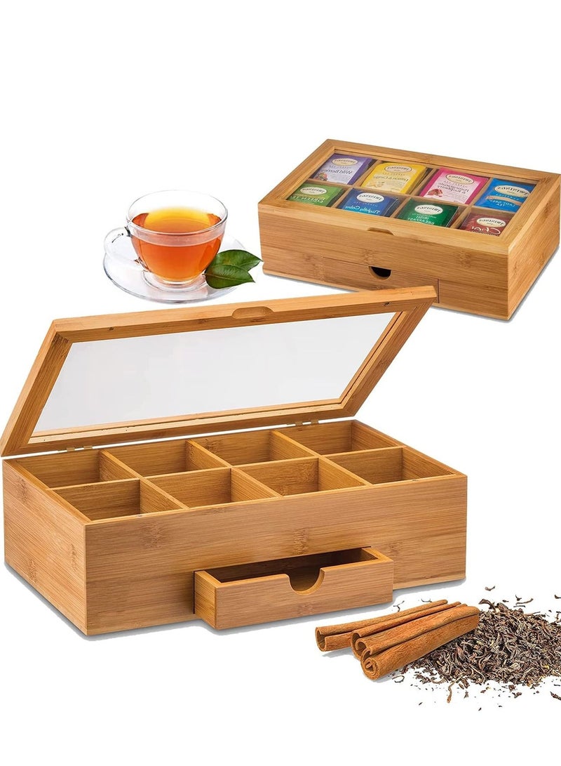 XiuWoo Bamboo Tea Box Storage Organizer with Drawer and Clear Acrylic Window Magnet Lid Large Tea Organizer Box for Tea Bags and Loose Tea  - Image 1