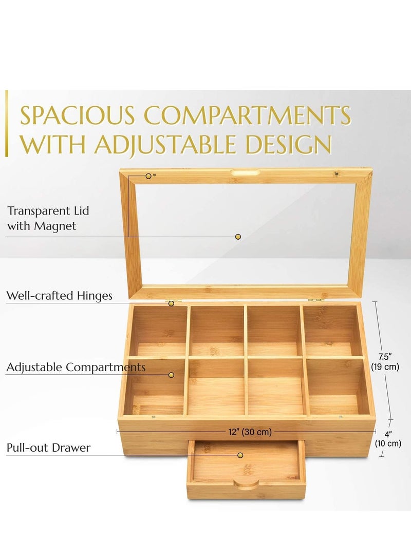 XiuWoo Bamboo Tea Box Storage Organizer with Drawer and Clear Acrylic Window Magnet Lid Large Tea Organizer Box for Tea Bags and Loose Tea  - Image 5