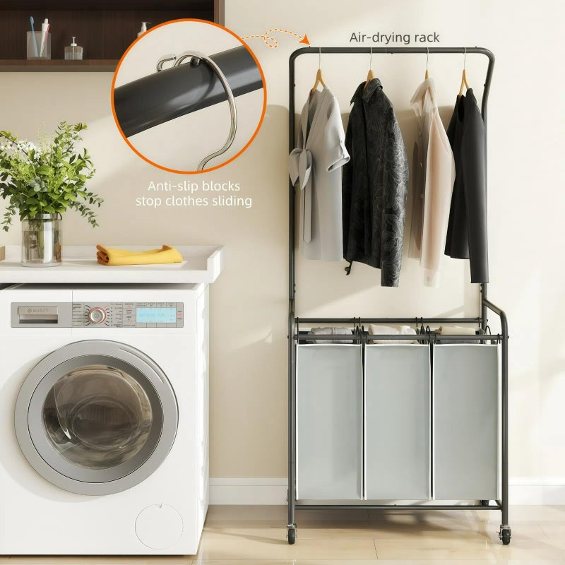 ROMOON Laundry Sorter Hamper with Hanging Bar, 3 Section Rolling Laundry Cart with Clothes Rack & Heavy-Duty Lockable Wheels, Divided Laundry Basket Organizer for Apartment & Small Spaces ((130L Grey) - Image 2