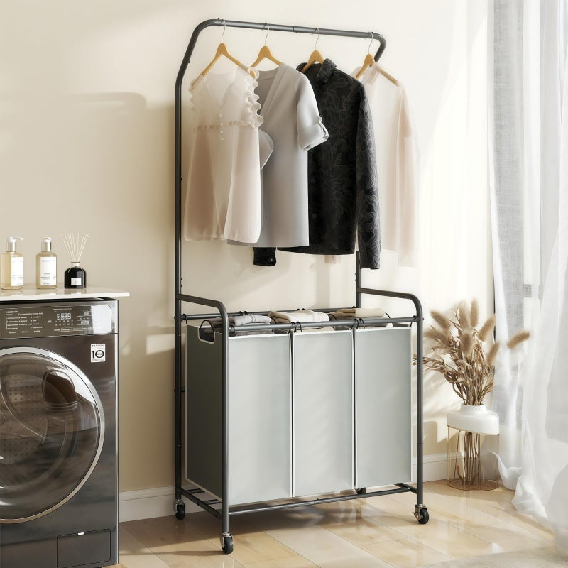 ROMOON Laundry Sorter Hamper with Hanging Bar, 3 Section Rolling Laundry Cart with Clothes Rack & Heavy-Duty Lockable Wheels, Divided Laundry Basket Organizer for Apartment & Small Spaces ((130L Grey) - Image 1