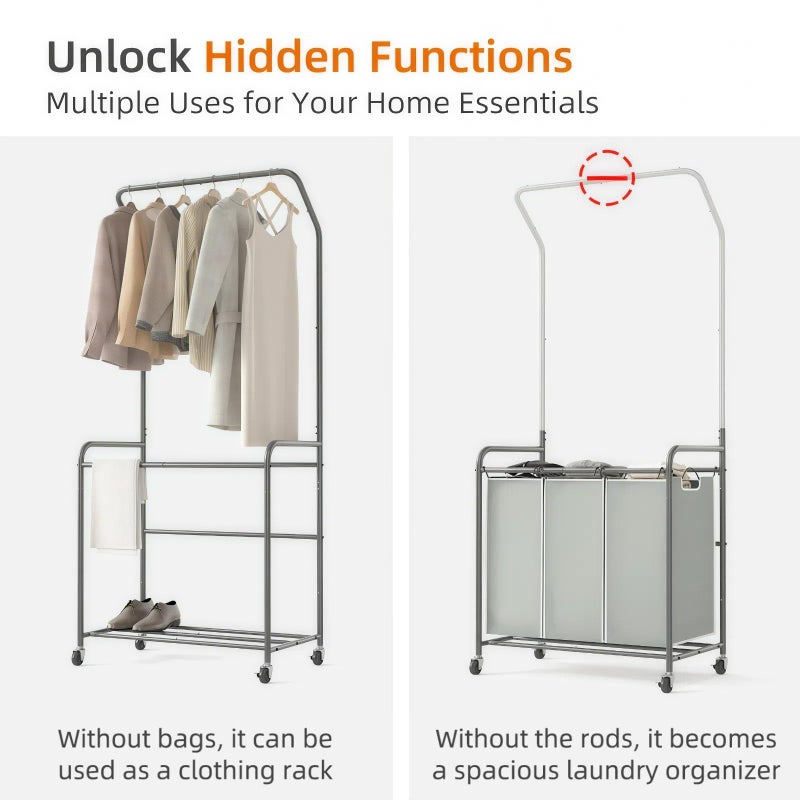 ROMOON Laundry Sorter Hamper with Hanging Bar, 3 Section Rolling Laundry Cart with Clothes Rack & Heavy-Duty Lockable Wheels, Divided Laundry Basket Organizer for Apartment & Small Spaces ((130L Grey) - Image 3