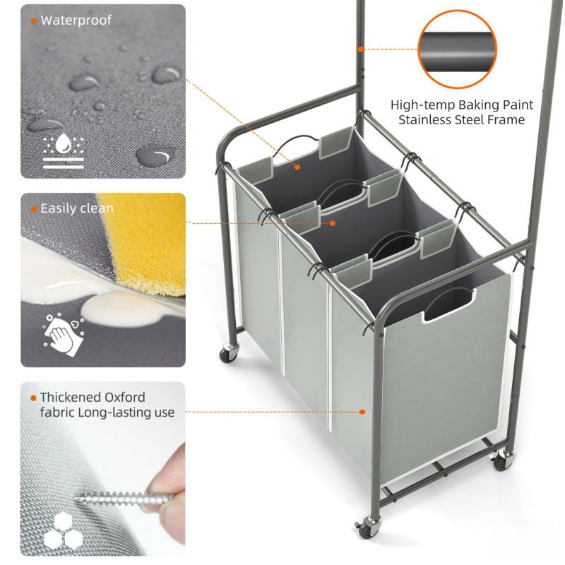 ROMOON Laundry Sorter Hamper with Hanging Bar, 3 Section Rolling Laundry Cart with Clothes Rack & Heavy-Duty Lockable Wheels, Divided Laundry Basket Organizer for Apartment & Small Spaces ((130L Grey) - Image 4