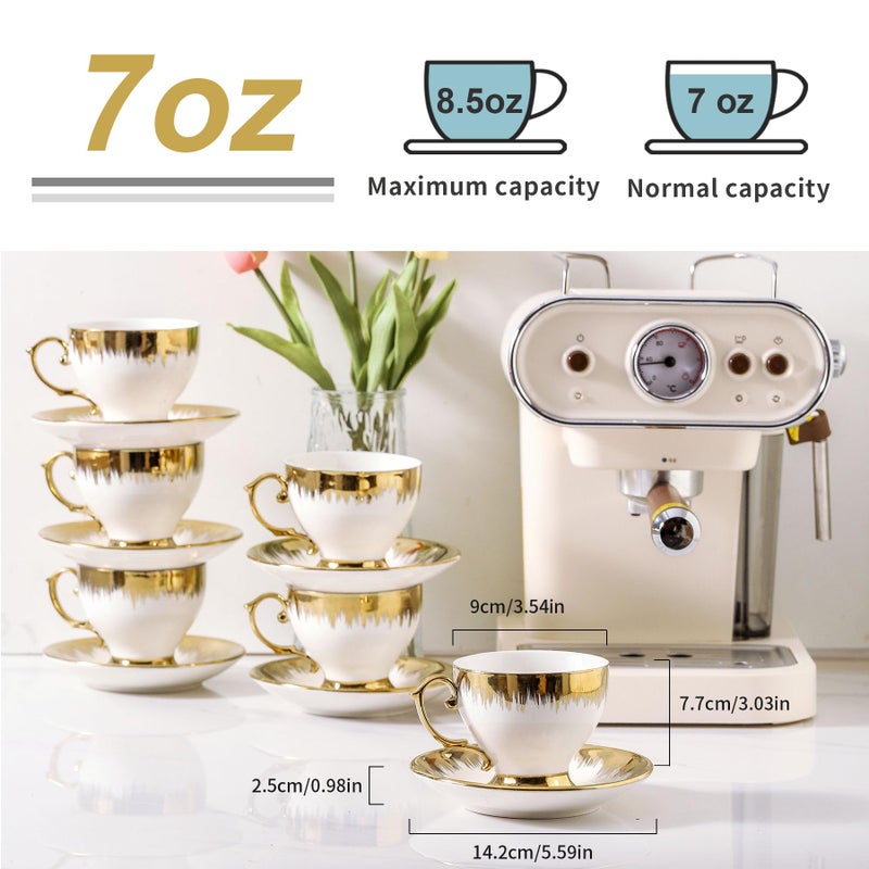 LETAOTAO Tea Cups and Saucers Set of 6, 7 oz Ceramic Turkish Coffee Cup With Gold Trim for Cappuccino, Latte, Mocha, Au Lait, Double Espresso, White - Image 2