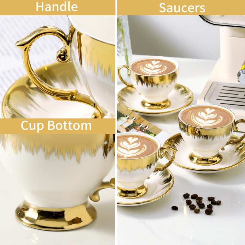 LETAOTAO Tea Cups and Saucers Set of 6, 7 oz Ceramic Turkish Coffee Cup With Gold Trim for Cappuccino, Latte, Mocha, Au Lait, Double Espresso, White - Image 4