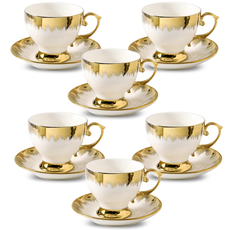 LETAOTAO Tea Cups and Saucers Set of 6, 7 oz Ceramic Turkish Coffee Cup With Gold Trim for Cappuccino, Latte, Mocha, Au Lait, Double Espresso, White - Image 1
