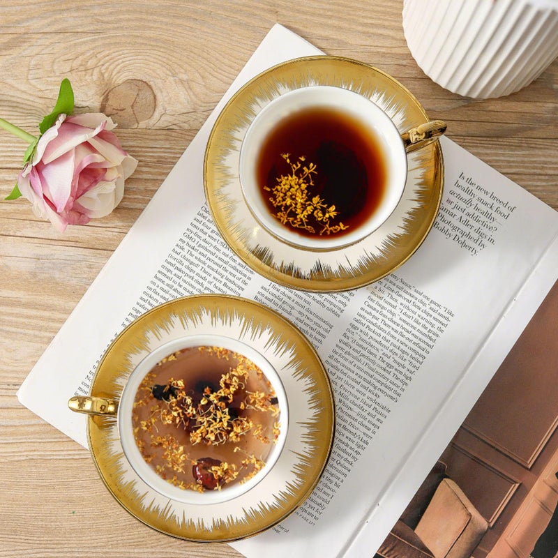 LETAOTAO Tea Cups and Saucers Set of 6, 7 oz Ceramic Turkish Coffee Cup With Gold Trim for Cappuccino, Latte, Mocha, Au Lait, Double Espresso, White - Image 5