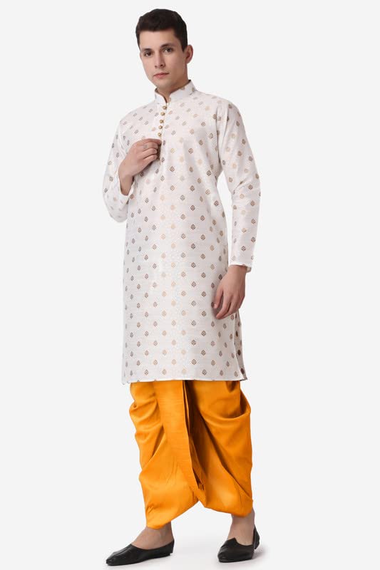 Royal Kurta Men's Jacquard Silk Printed Cream Kurta Mustard Dhoti Set Size 38 - Image 3