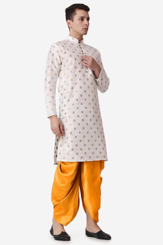 Royal Kurta Men's Jacquard Silk Printed Cream Kurta Mustard Dhoti Set Size 38 - Image 4