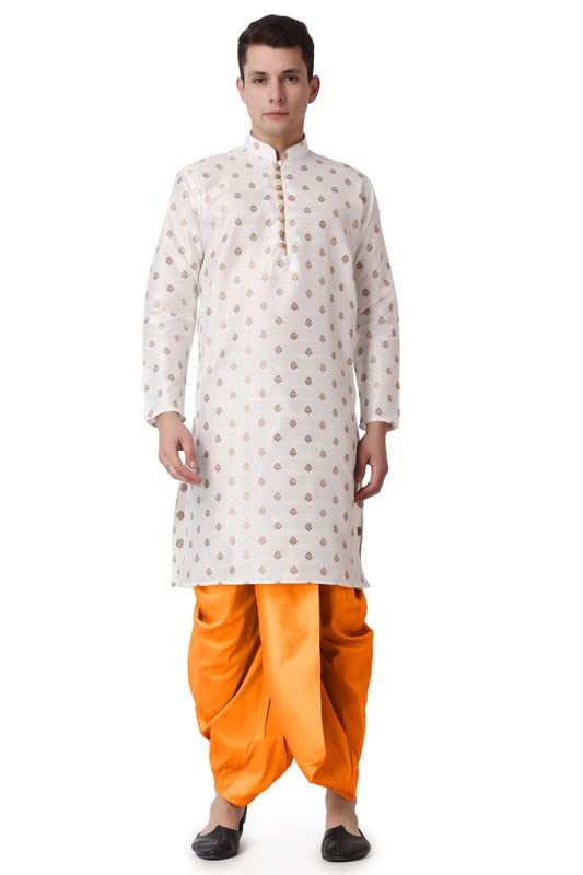 Royal Kurta Men's Jacquard Silk Printed Cream Kurta Mustard Dhoti Set Size 38 - Image 1