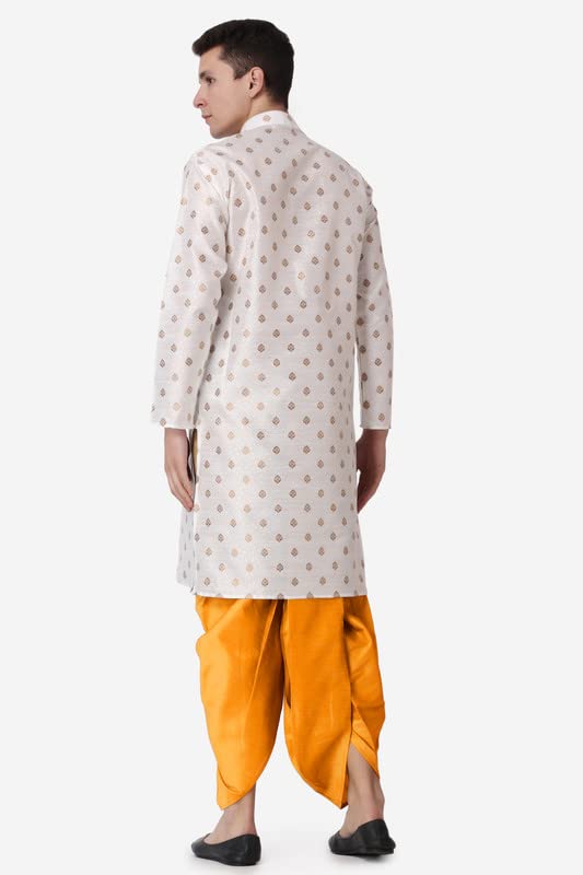 Royal Kurta Men's Jacquard Silk Printed Cream Kurta Mustard Dhoti Set Size 38 - Image 2