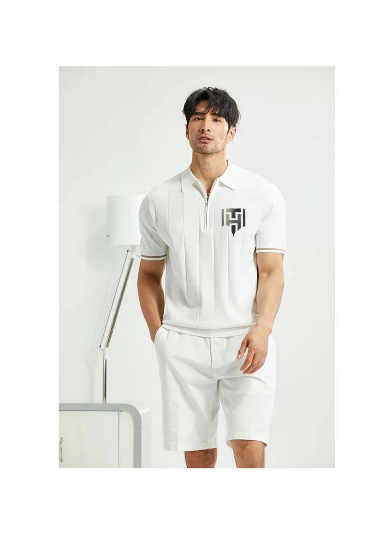 Huitich Men's Summer Polo Shirt – White, Half-Zip, Short Sleeve, Ribbed Texture Size M  - Image 3