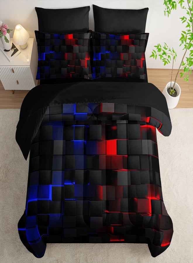 Nttopship Red and Blue Checkered Comforter Set King Honeycomb Bedding Sets,Light Honeycomb Bedding Set 7 Piece in A Bag,Bed Sheet Set Geometry Decor,Microfiber Lightweight All Season - Image 4