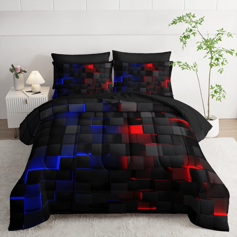 Nttopship Red and Blue Checkered Comforter Set King Honeycomb Bedding Sets,Light Honeycomb Bedding Set 7 Piece in A Bag,Bed Sheet Set Geometry Decor,Microfiber Lightweight All Season - Image 1