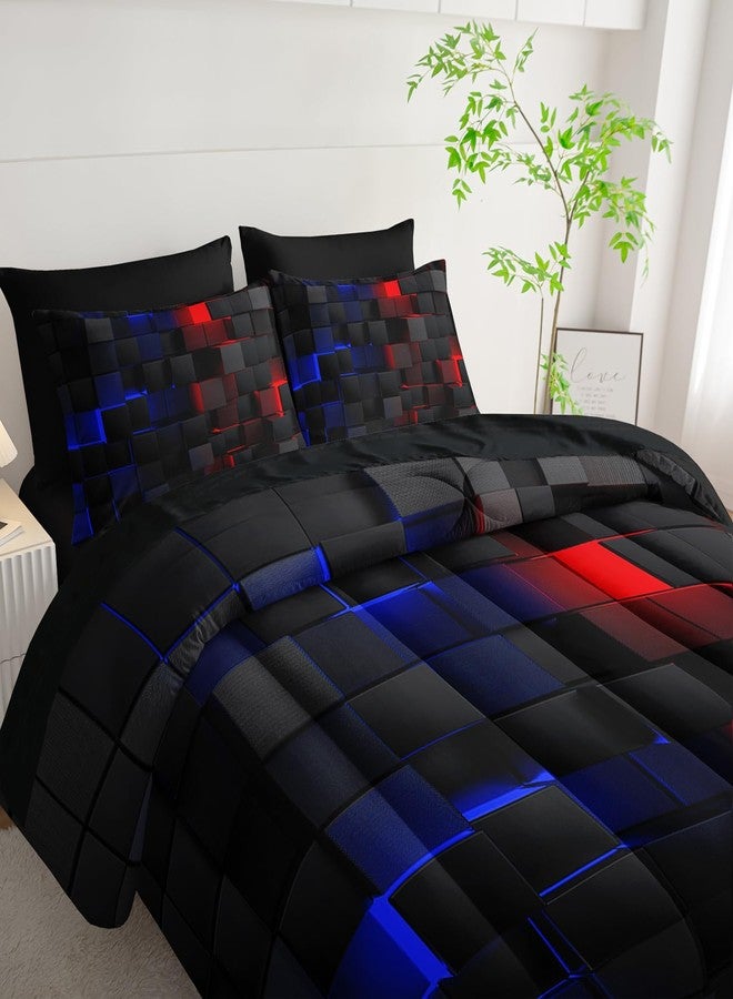 Nttopship Red and Blue Checkered Comforter Set King Honeycomb Bedding Sets,Light Honeycomb Bedding Set 7 Piece in A Bag,Bed Sheet Set Geometry Decor,Microfiber Lightweight All Season - Image 3