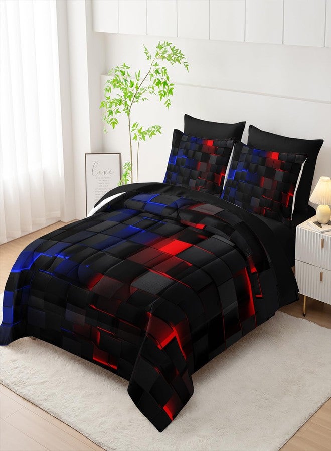 Nttopship Red and Blue Checkered Comforter Set King Honeycomb Bedding Sets,Light Honeycomb Bedding Set 7 Piece in A Bag,Bed Sheet Set Geometry Decor,Microfiber Lightweight All Season - Image 2