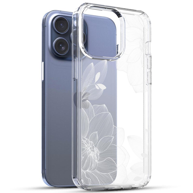 RANZ Case for iPhone 15 Pro Max, Anti-Scratch Shockproof Series Clear Hard PC + TPU Bumper Protective Cover Case for iPhone 15 Pro Max (6.7") - White Lace Chrysanthemum - Image 3