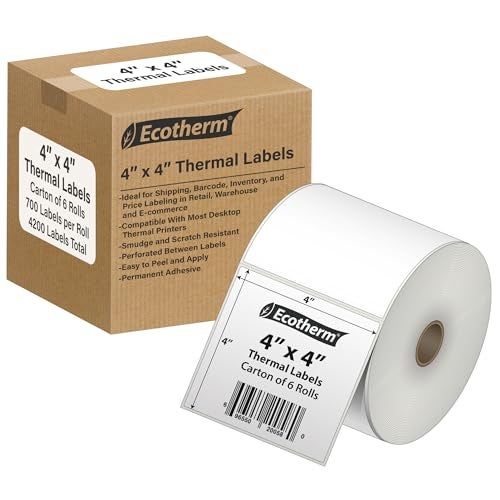 Ecotherm 4" x 4" Thermal Labels | 6 Rolls | 4200 Labels | fits Zebra, Munbyn, Rollo, Godex, Arkscan, iDPRT, Offnova Thermal Label Printers and More | Blank White Adhesive Stickers by Ecotherm - Image 1