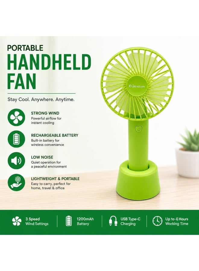 Mercury Portable Rechargeable Handheld Fan with Stand USB Type C Personal Cooling Fan 3 Speed Brushless Motor 1200mAh Battery Quiet Desk Fan Mini Travel Fan for Home Office Camping Outdoor Bedroom Green Portable Air Cooler Fast Charging Lightweight USB - Image 3