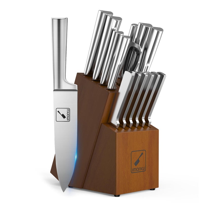 imarku Knife Set - Kitchen Knife Set 15 Pieces Japanese Stainless Steel Knife Block Set with Sharpener - Dishwasher Safe Kitchen Knives - Ultra Sharp Chef Knife Set for Kitchen, Silver - Image 1