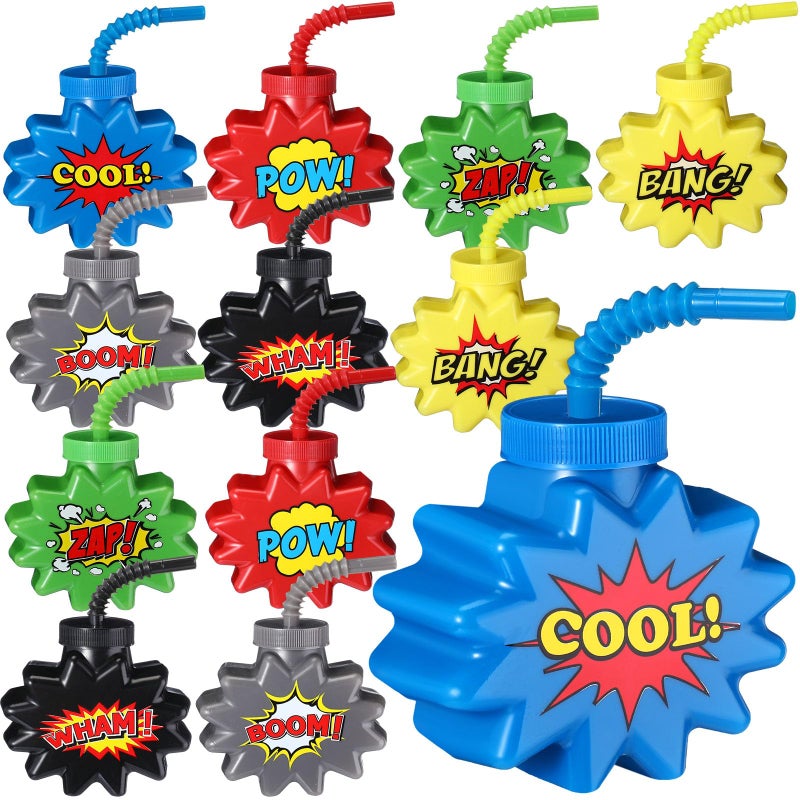 Maxcheck Hero Comic Themed Party Favor Gift Supplies Hero Cups with Straws and Lids,10 oz Plastic Cup for Pow Zap Bang Wham Boom Bulk Birthday Party Favor Supplies(12 Sets) - Image 1