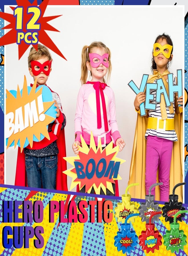 Maxcheck Hero Comic Themed Party Favor Gift Supplies Hero Cups with Straws and Lids,10 oz Plastic Cup for Pow Zap Bang Wham Boom Bulk Birthday Party Favor Supplies(12 Sets) - Image 5