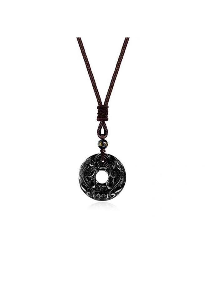 Live Longma Jewelry Obsidian White Chalcedony Double Pixiu Ping An Buckle Seiko Pendant